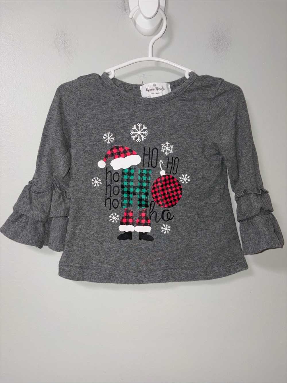 Marie Nicole Gray Ruffle Sleeve Plaid Christmas Santa Graphic Tee XS 18-24M